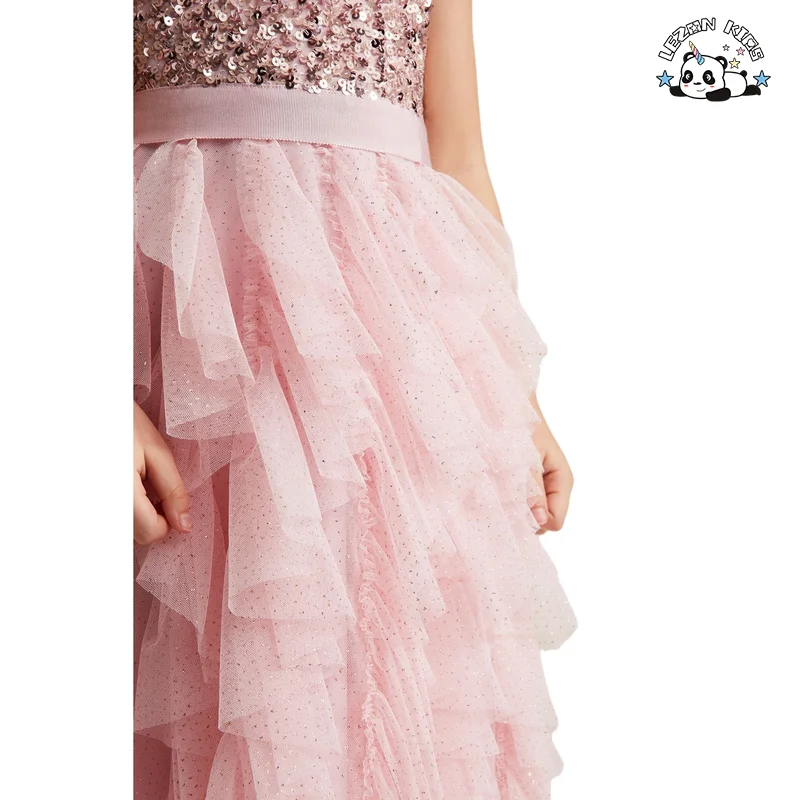 LEZONKIDS - Vestidos de Tule Sequins para Meninas com Desenhos Personalizados OEM Vestido de Princesa de Tule Sequins sem Mangas para Crianças